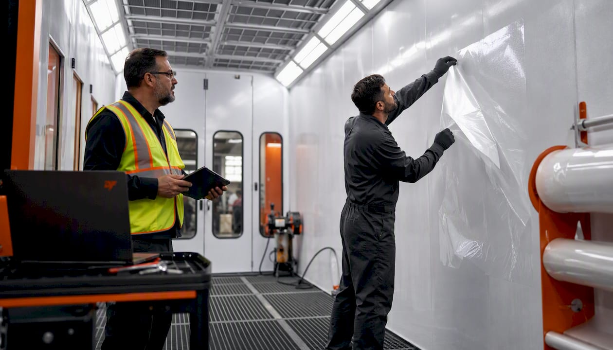 Technician installing protective film in spray booth
