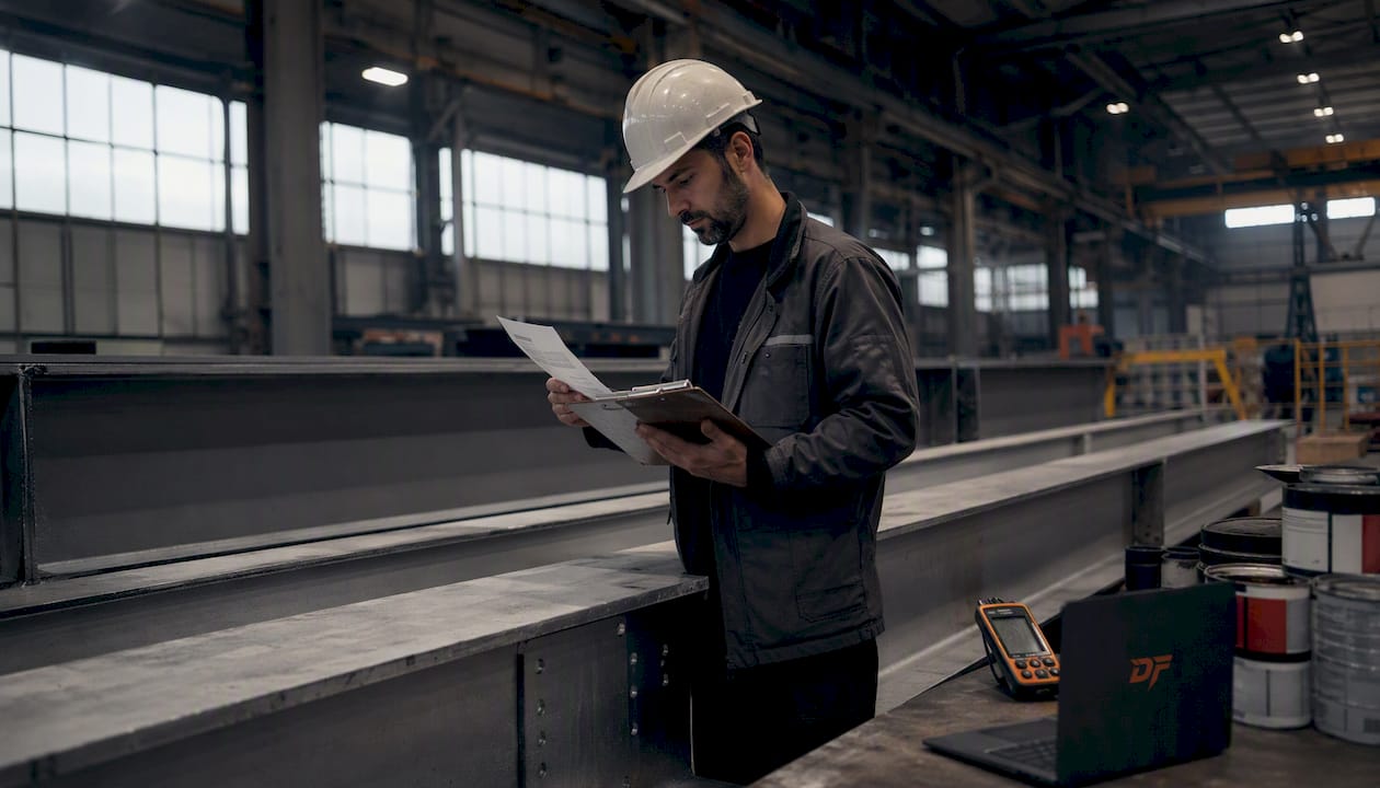 Project manager inspecting steel beams indoors