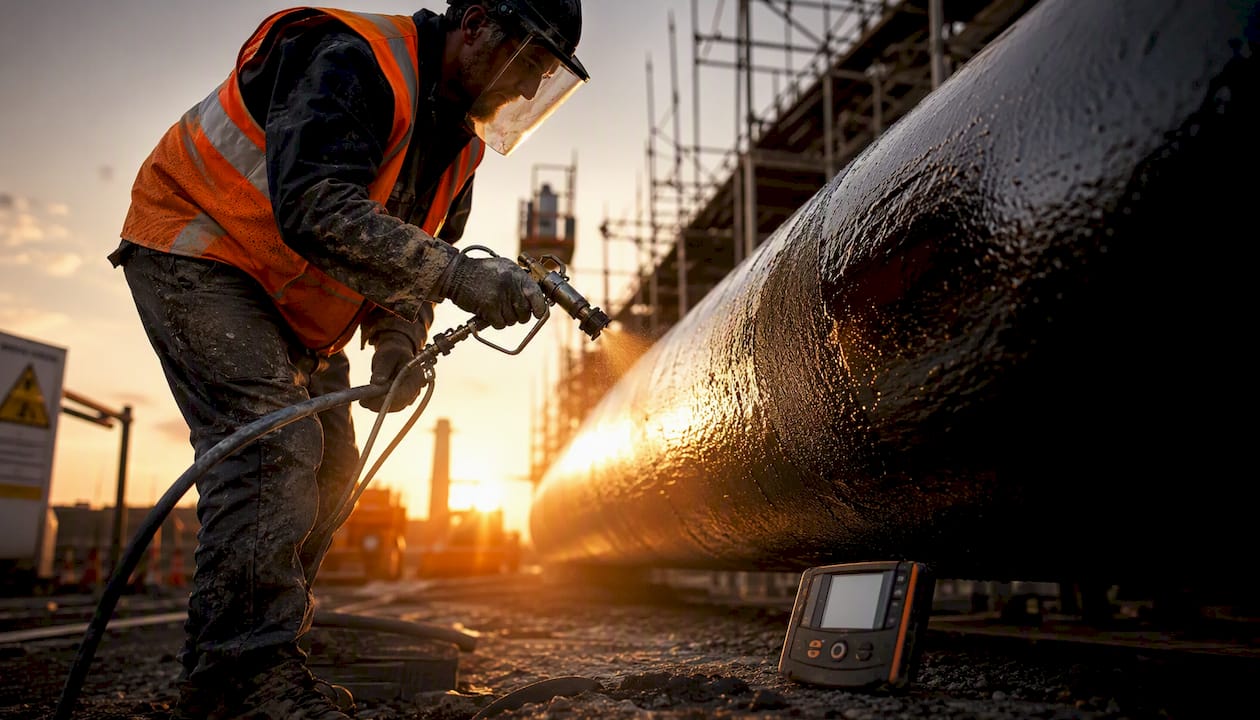 Applicator spraying epoxy coating on steel pipe outdoors