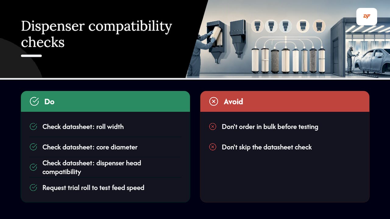 Diagram comparing spray booth film dispenser compatibility factors