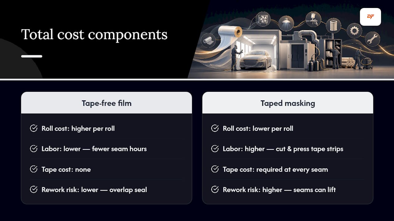 Cost comparison chart of tape-free film and taped masking