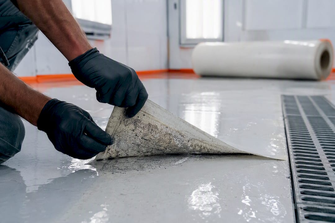 Hands peeling protective film from spray booth floor