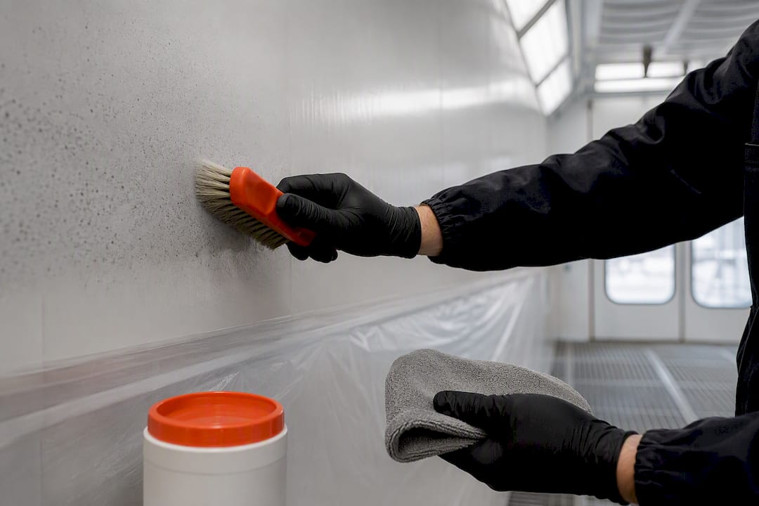 Technician preparing spray booth wall surface