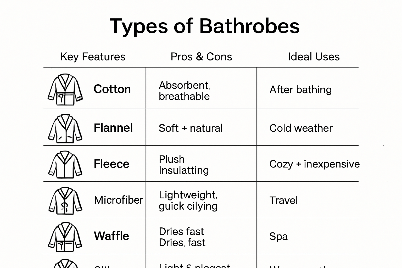 Comparison chart of different types of bathrobes