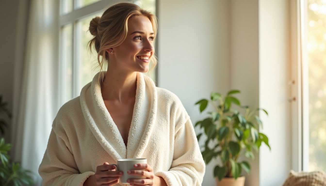 Cozy morning in home with person in bathrobe near window