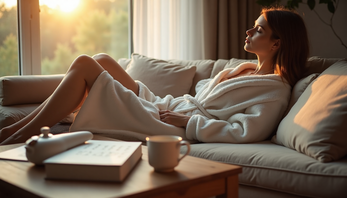 Person relaxing in bathrobe on sofa during home spa time