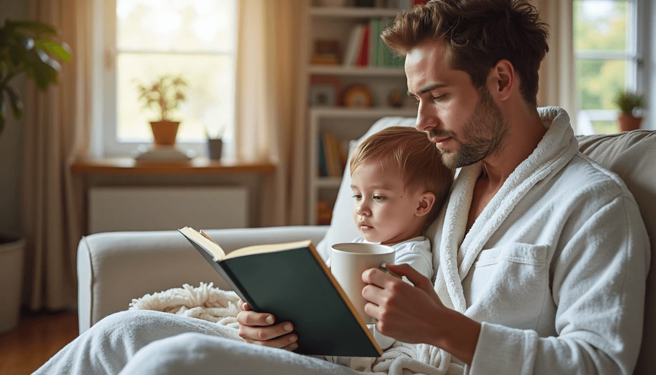 Parent and child in robes enjoying cozy living room morning