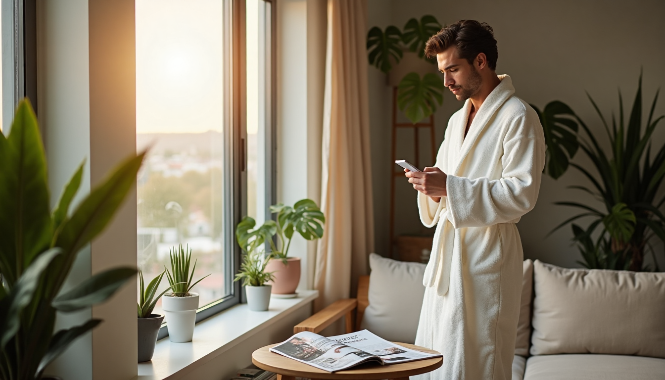 Man in modern apartment wearing stylish robe with text on coffee table magazine