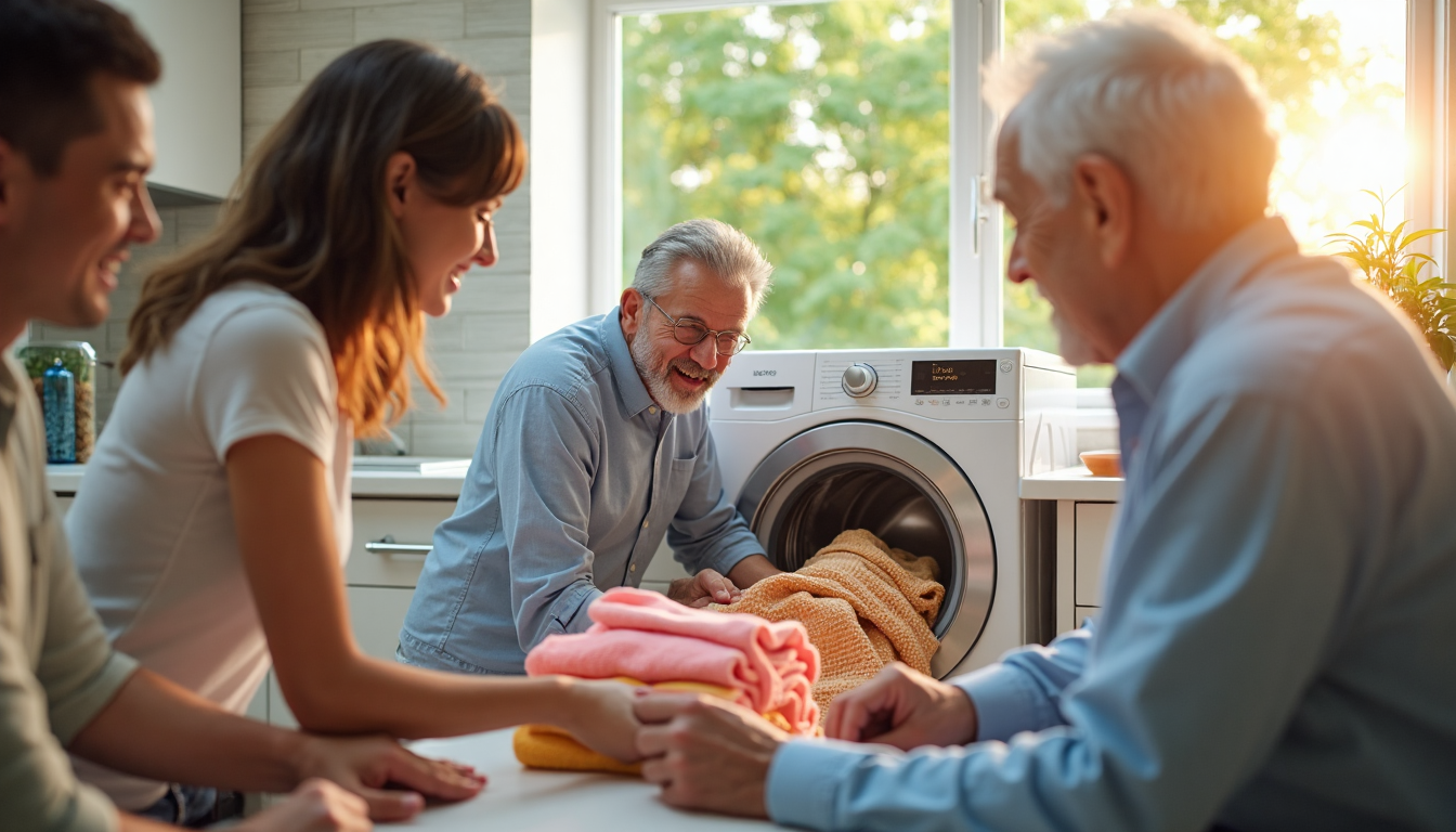 Family sorting towels in modern, sunlit laundry room