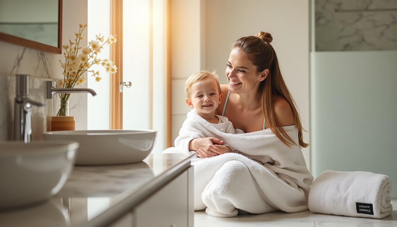 Parent and child wrapped in fluffy towels in bright bathroom