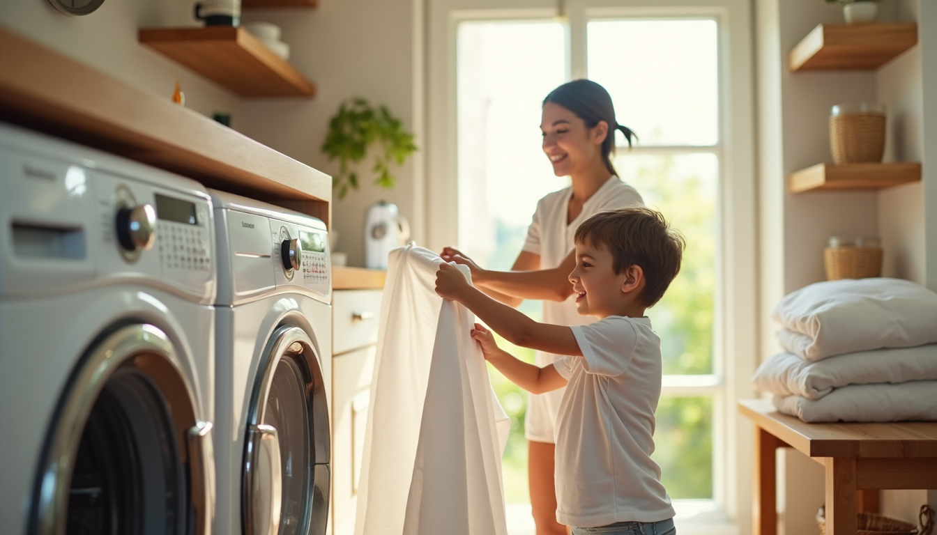 Parent and child hang linen sheets in sunny laundry room