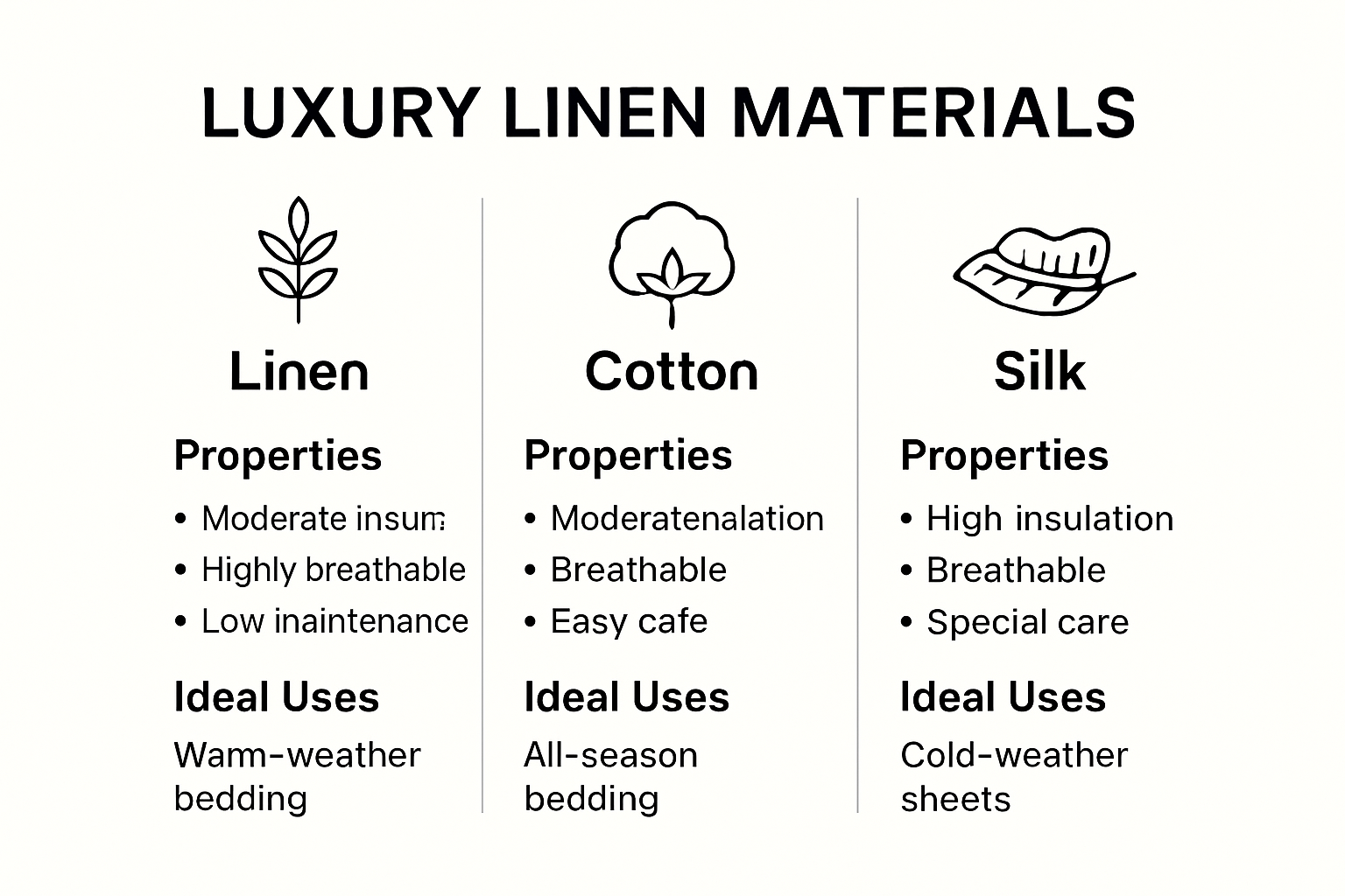 Comparison chart of luxury linen material types and their care needs.