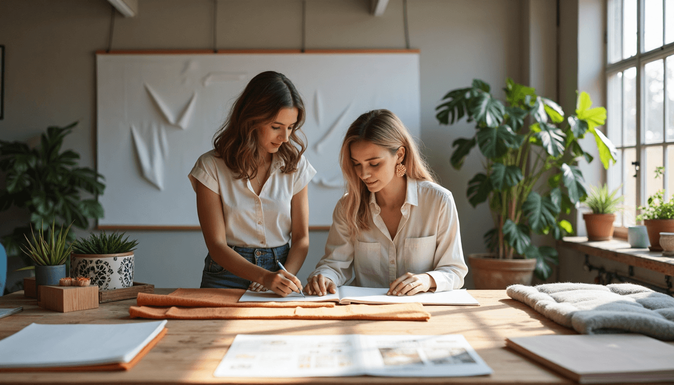 Designers reviewing fabrics in modern studio with 'Essential Fabrics' on wall poster