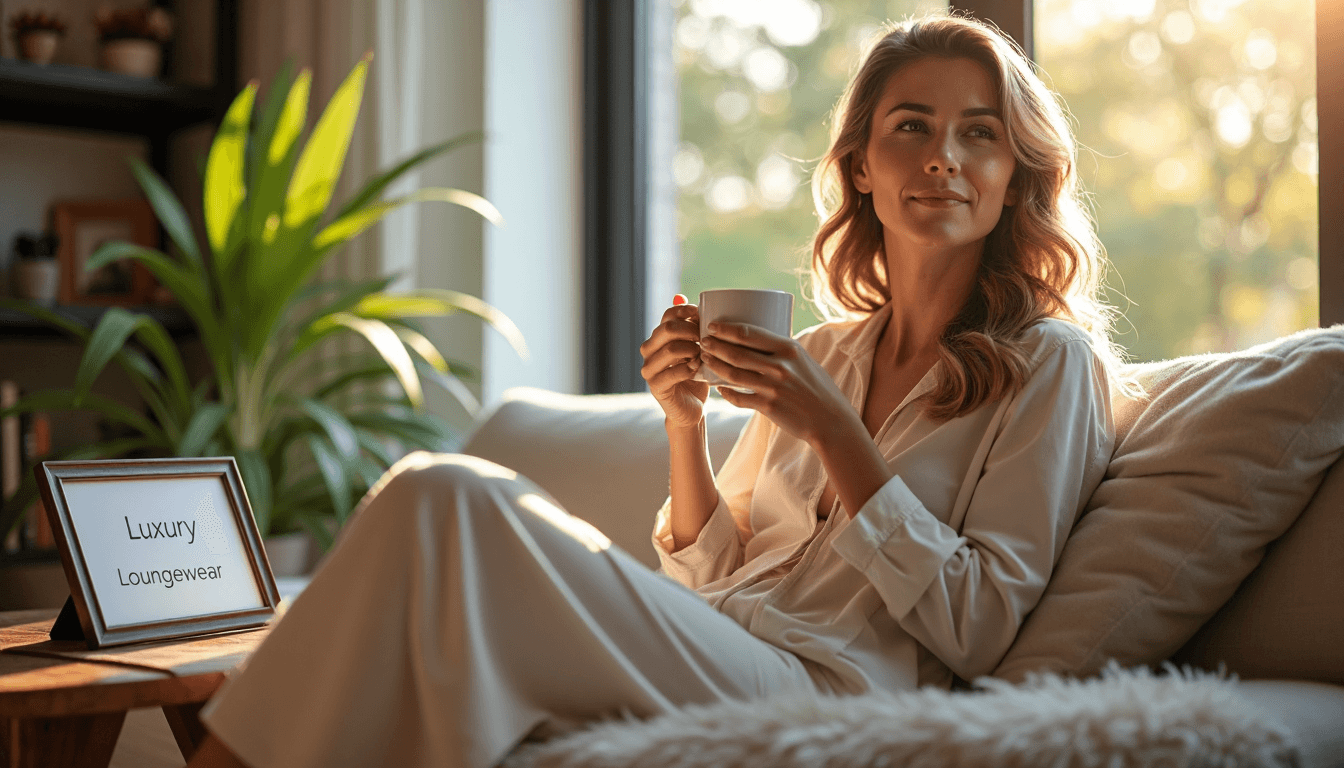 Woman in luxury loungewear with digital frame displaying 'Luxury Loungewear'