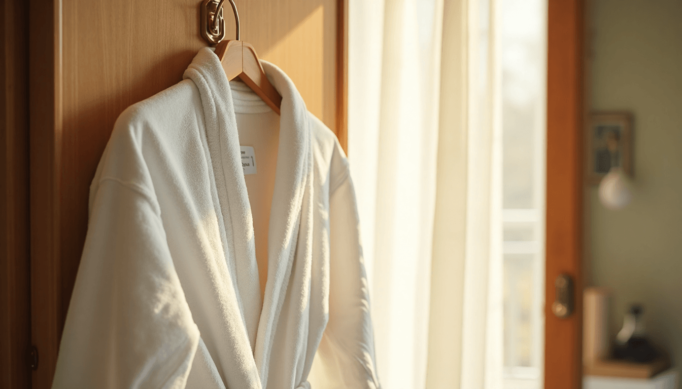 White bathrobe in sunlit hotel room with logo label