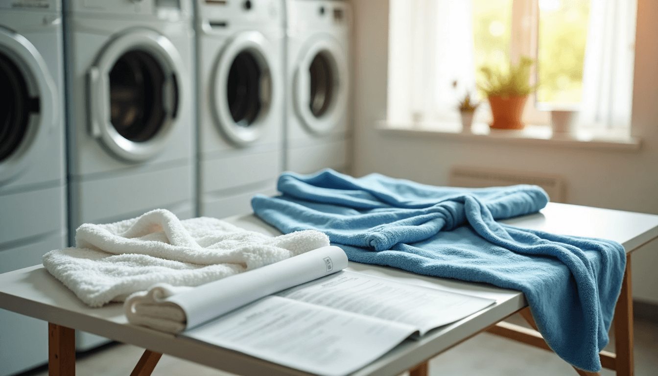 Bathrobe fabric comparison in bright laundry with care chart