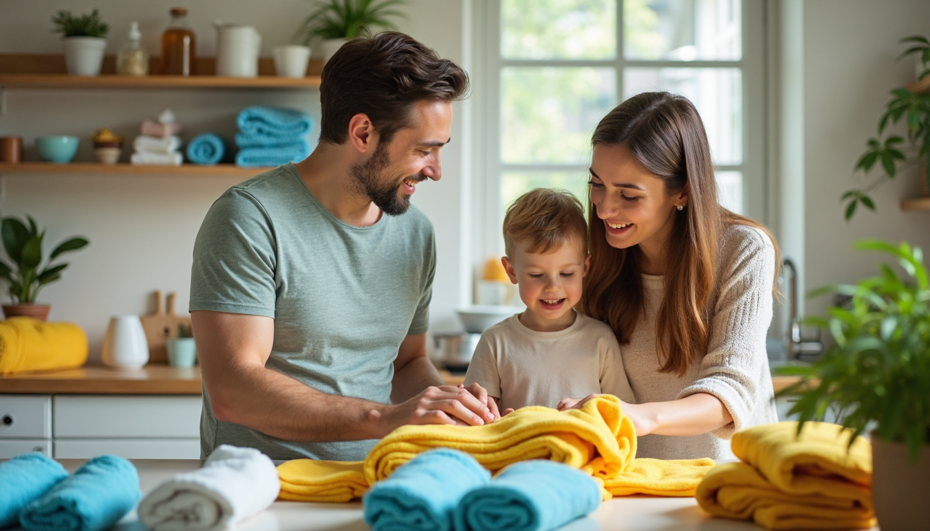 Family folding terry towels together in bright laundry room