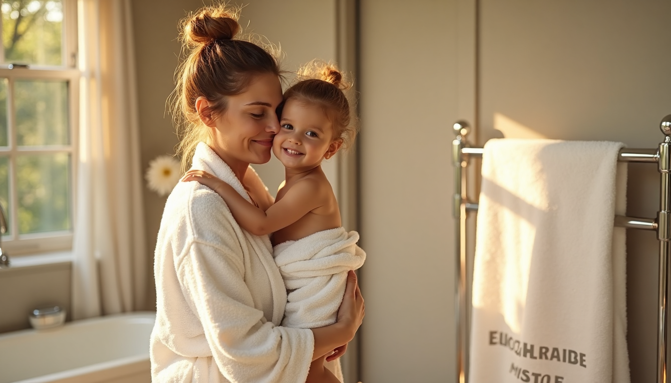 Mother and child in white bathrobes in sunlit bathroom