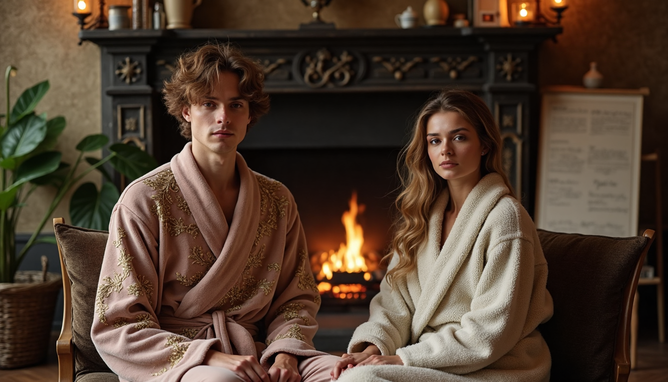 Two adults in elegant bathrobes converse by fireplace