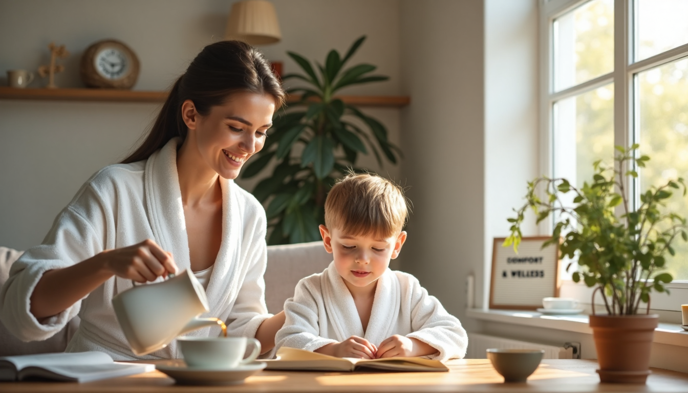 Mother and child wearing robes enjoying cozy morning in living room