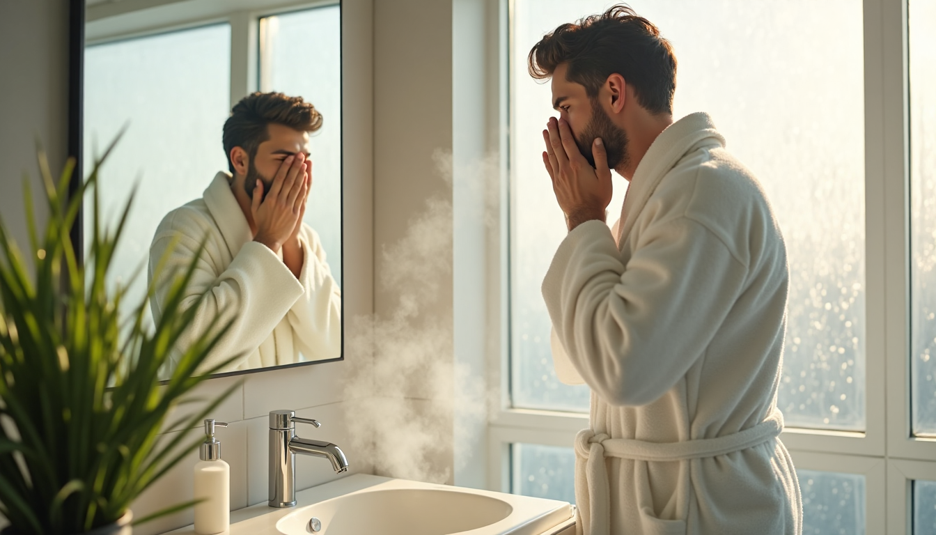 Man in robe practicing morning hygiene in sunlit bathroom