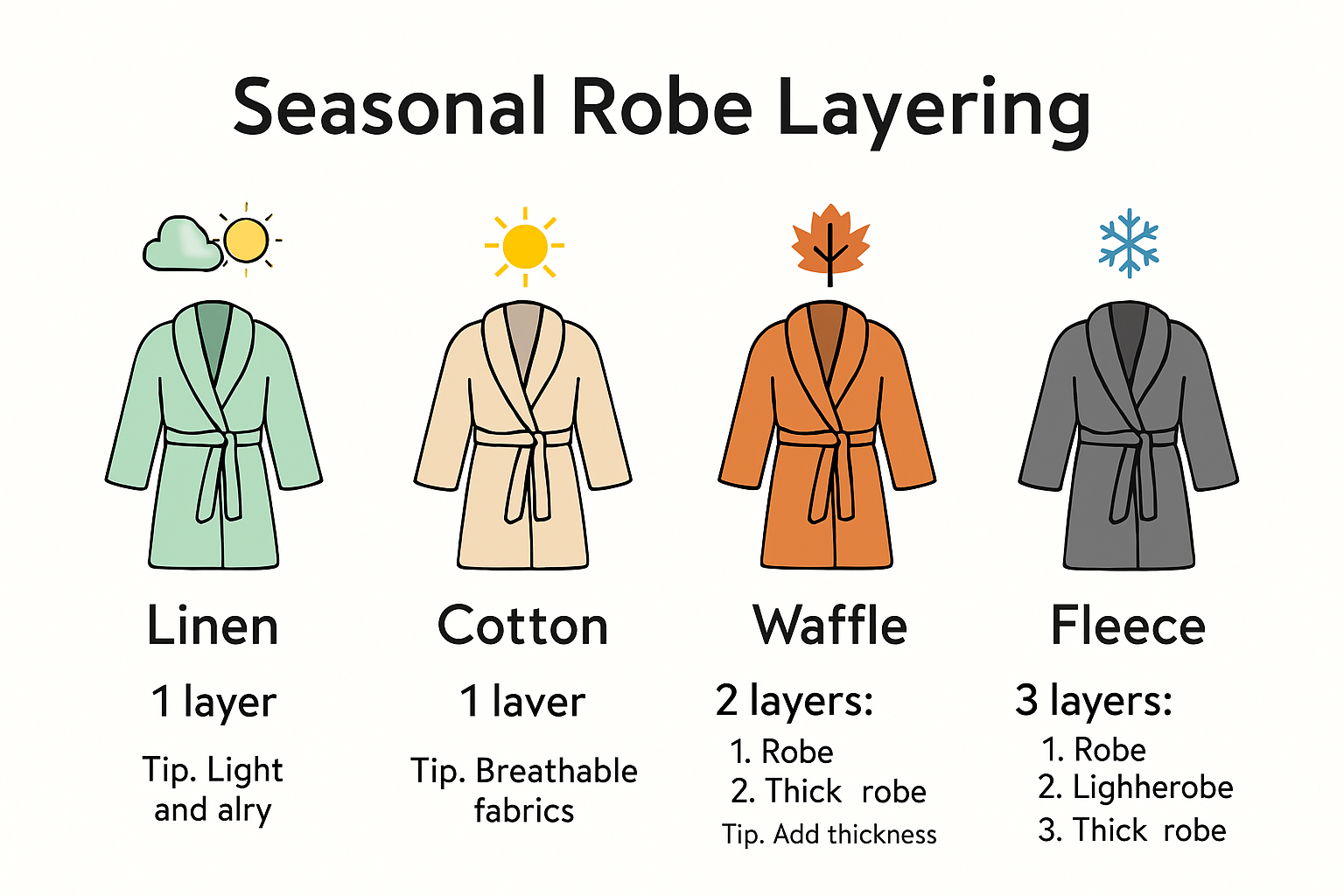 Infographic of seasonal robe layering ideas and fabric tips
