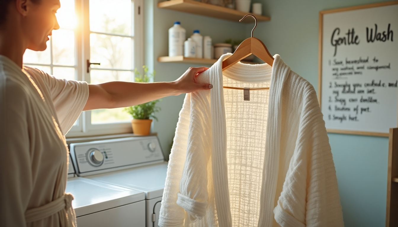 Laundry room with person drying waffle robe and gentle wash sign.