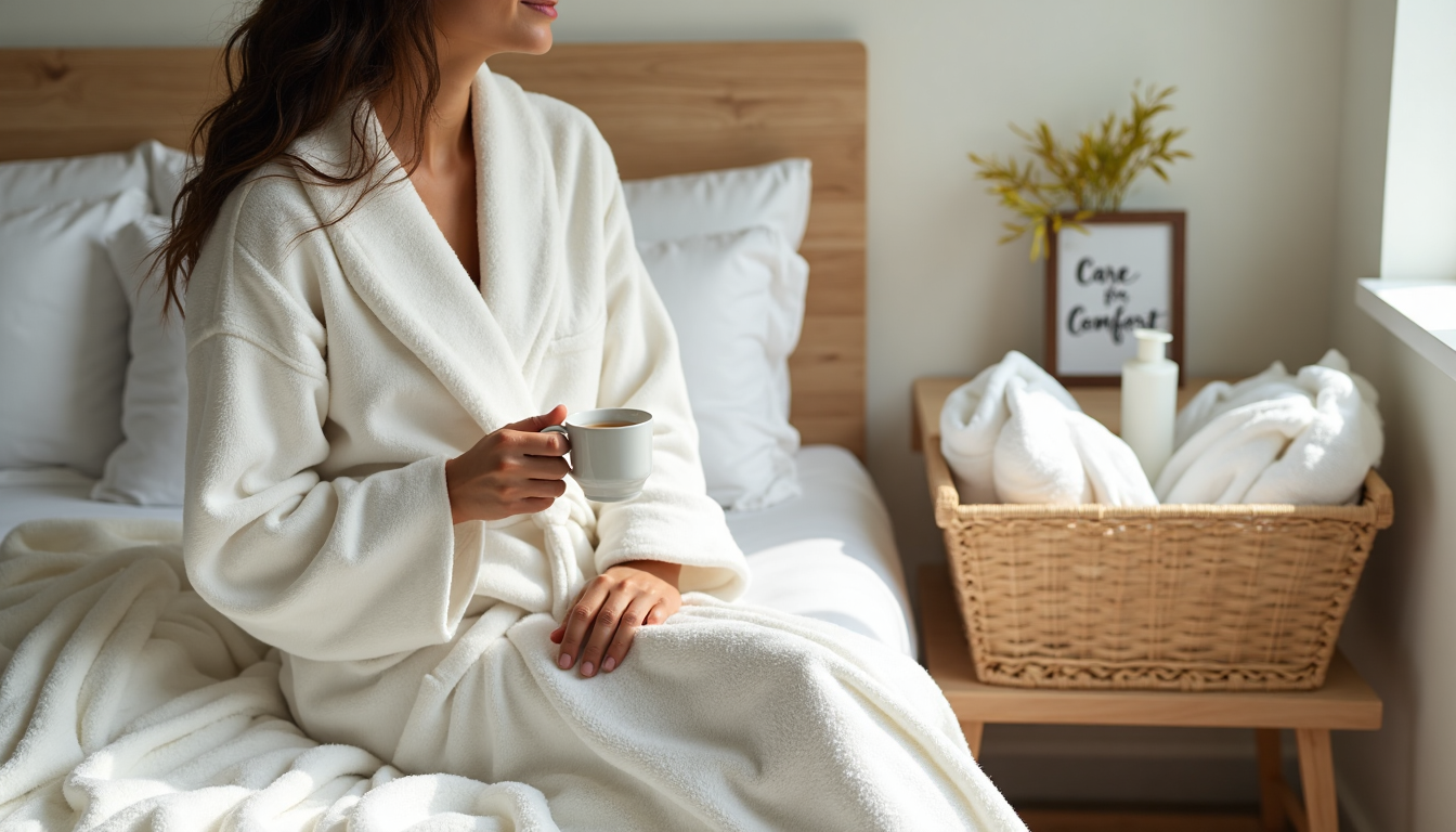 Person enjoying morning in waffle robe with comfort care sign nearby.