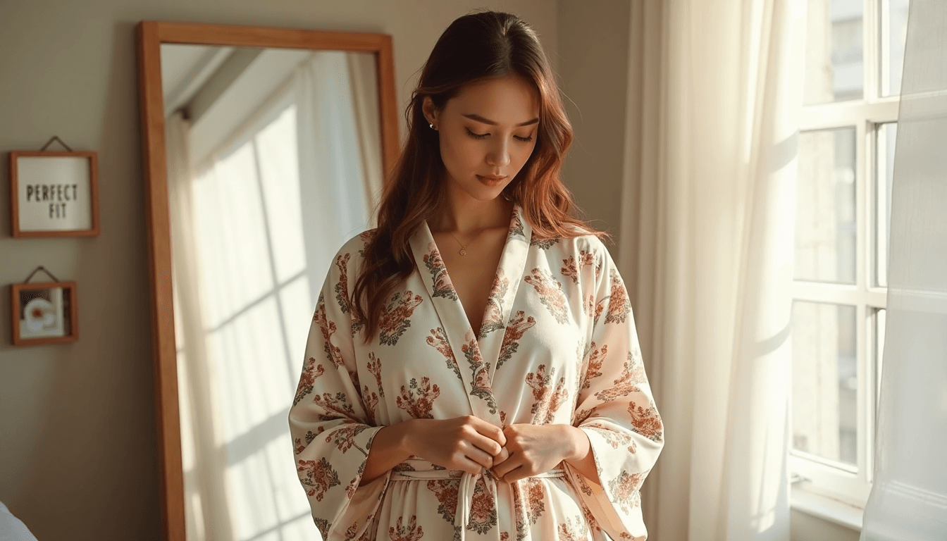 Woman adjusting kimono robe for perfect fit at home