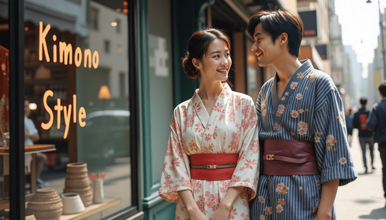 Young adults in kimono robes on stylish city street
