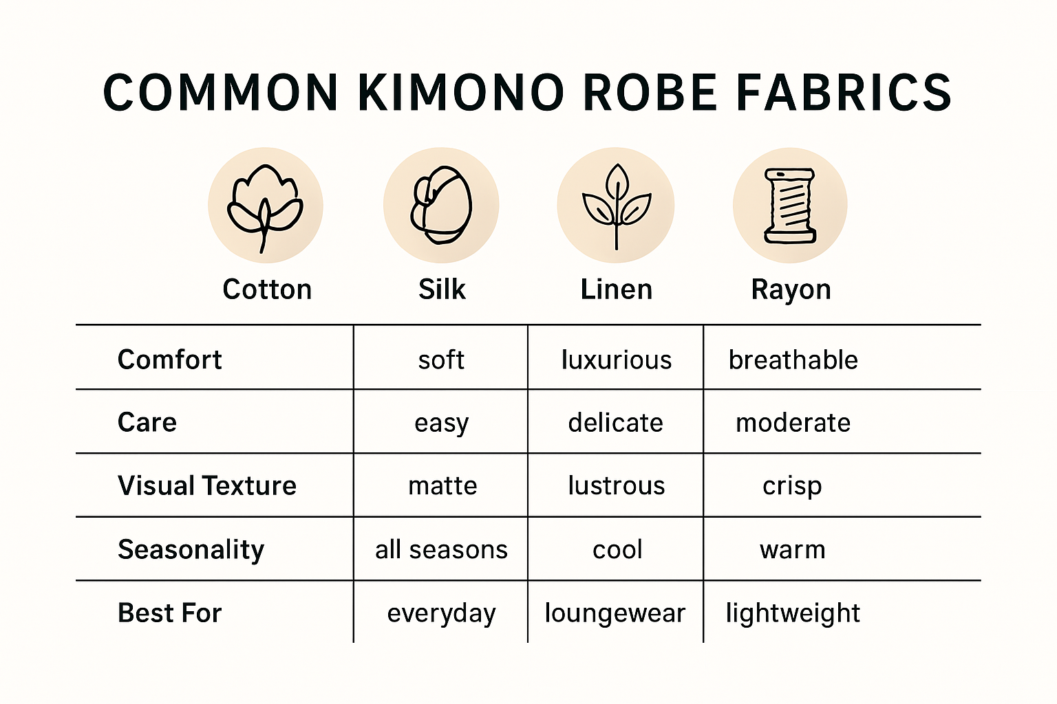 Kimono robe fabric comparison infographic