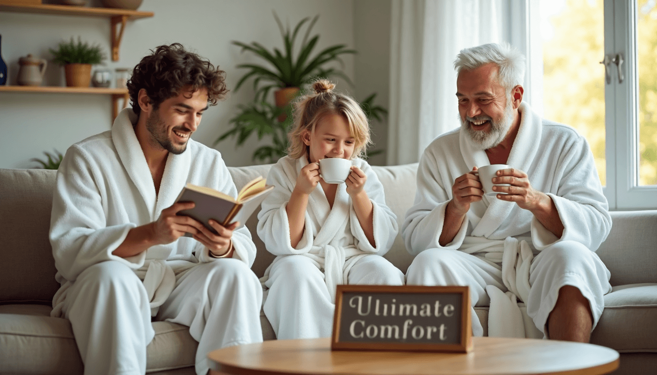 People of various ages relaxing in comfortable robes in a cozy living room, signifying ultimate comfort.