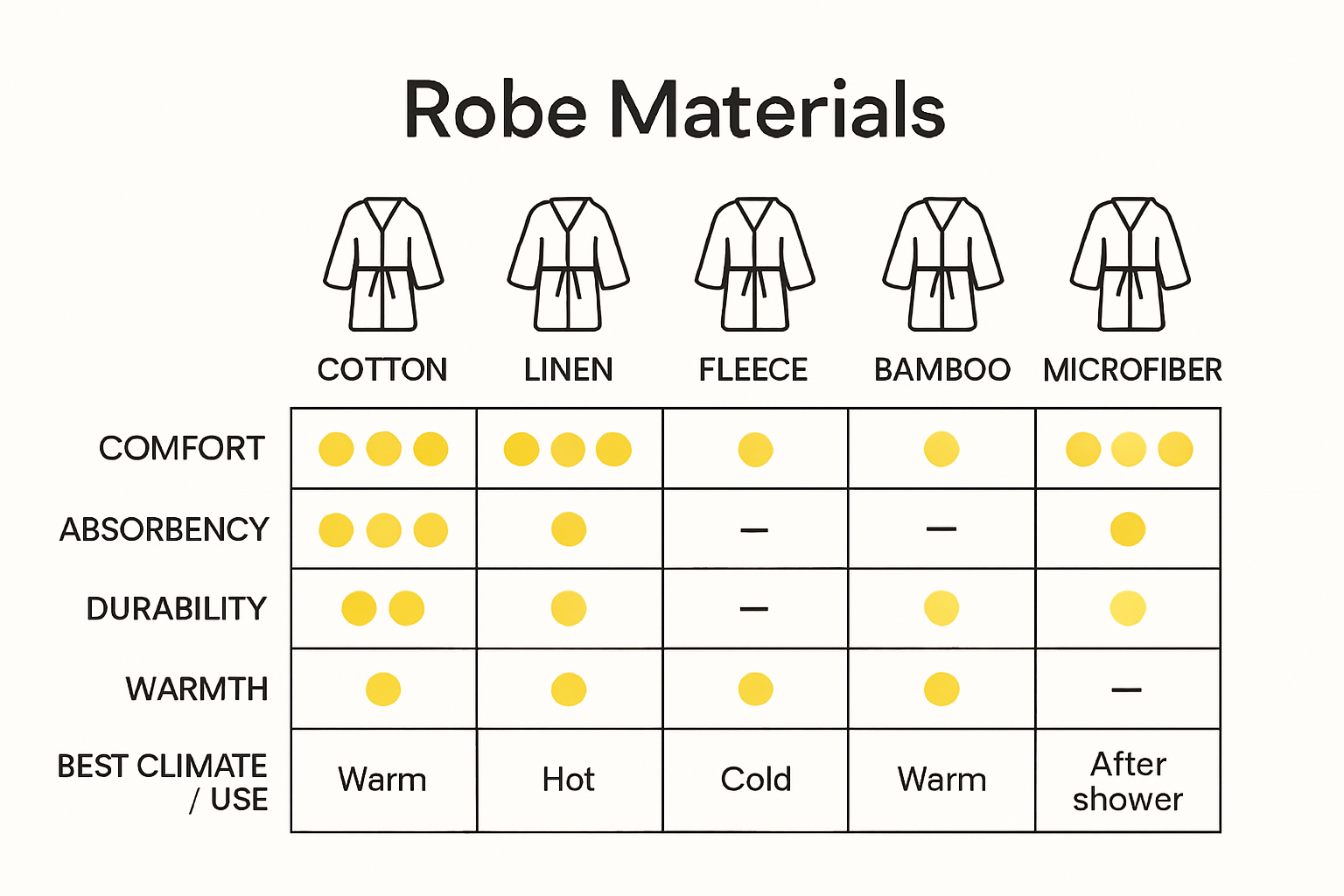 Infographic comparing key robe fabric characteristics