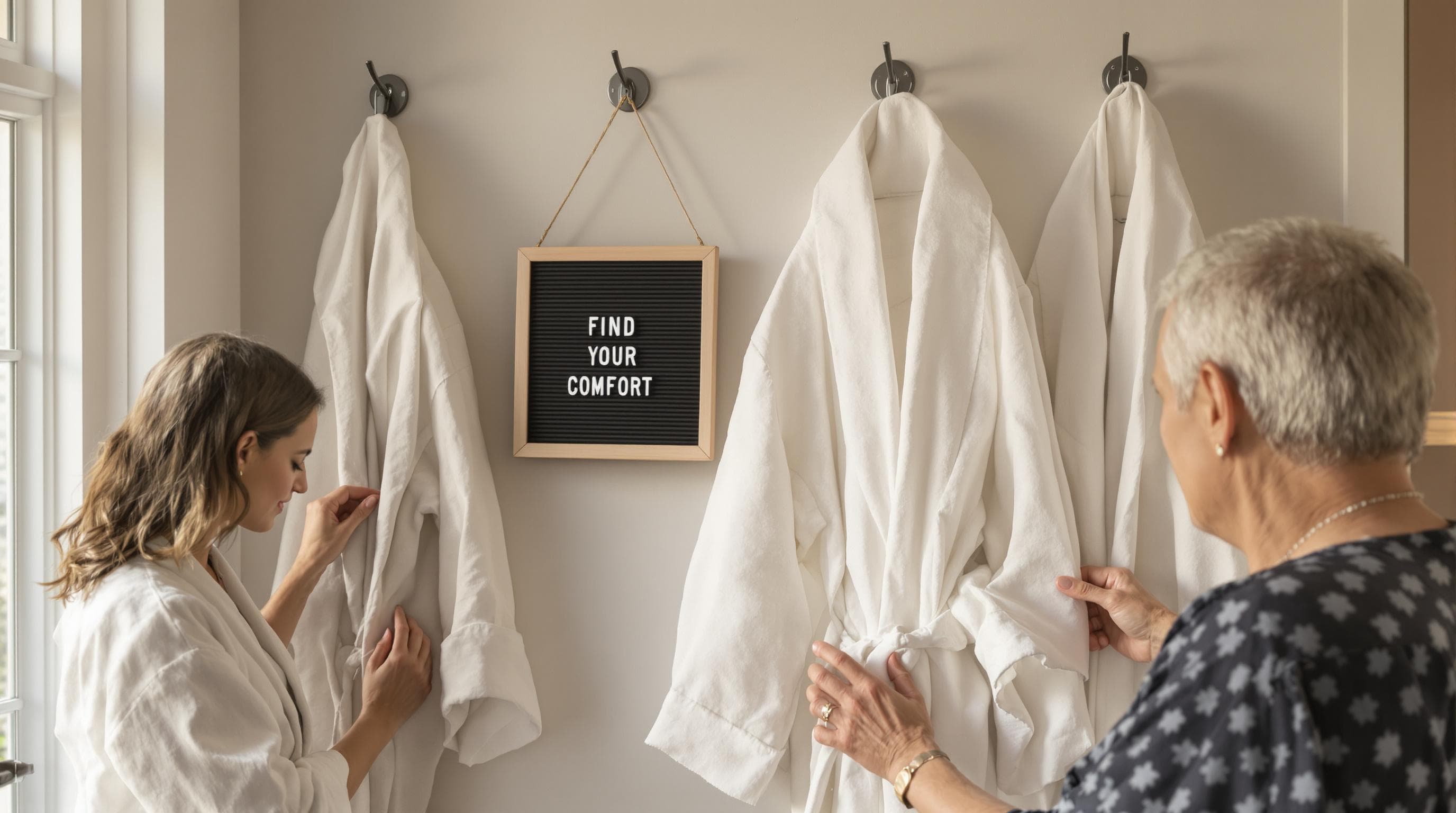 People selecting bamboo and linen robes on home robe rack for comfort