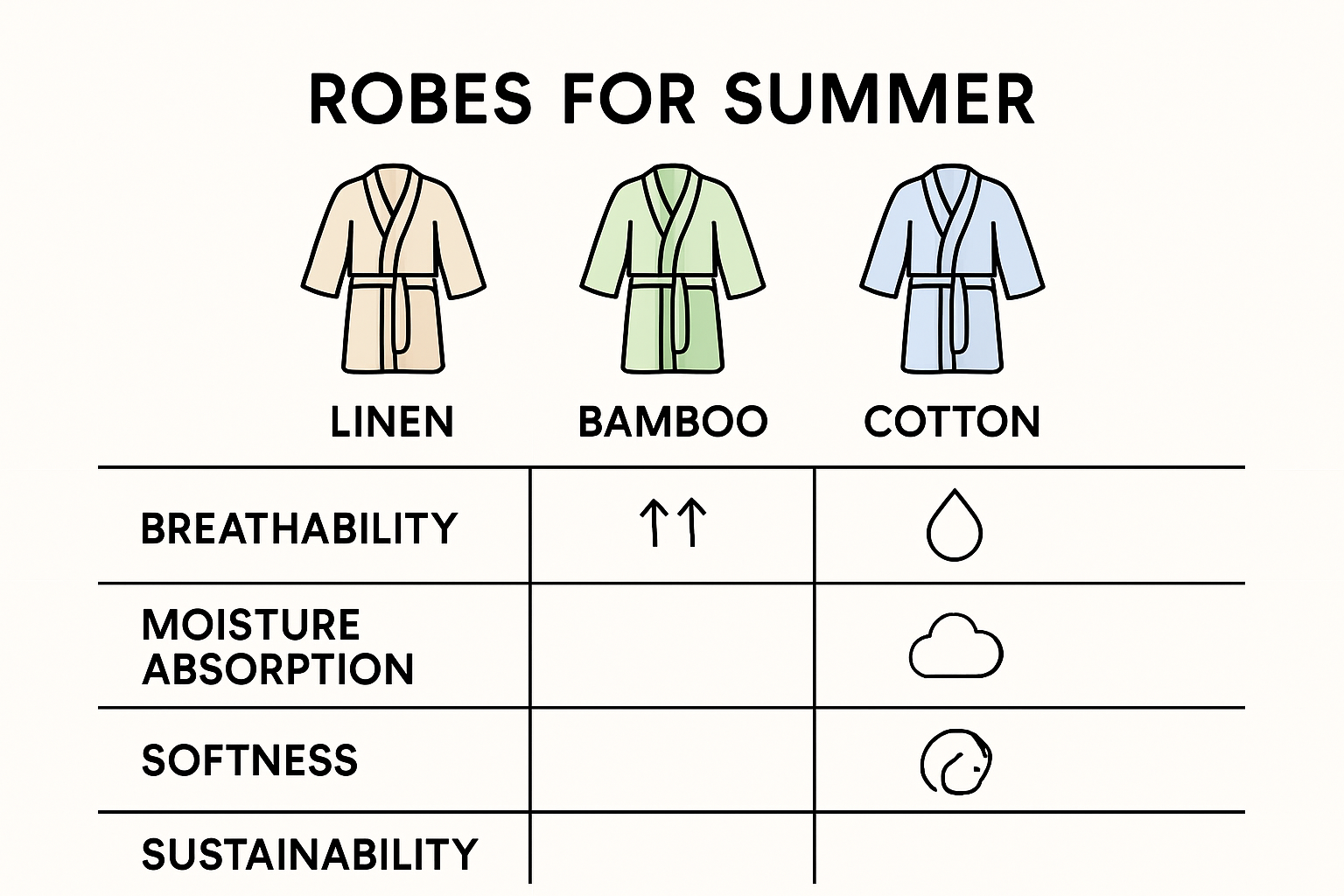 Comparison infographic of linen, bamboo, and cotton robe fabrics