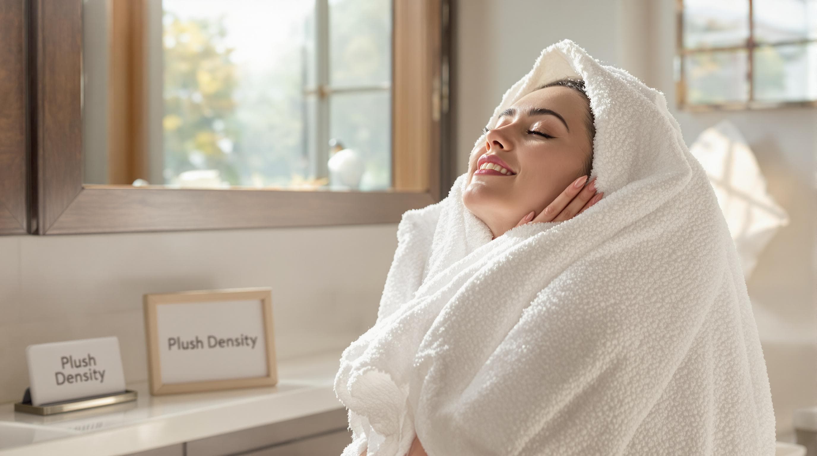 Person wrapped in ultra-plush towel, display card reads 'Plush Density'