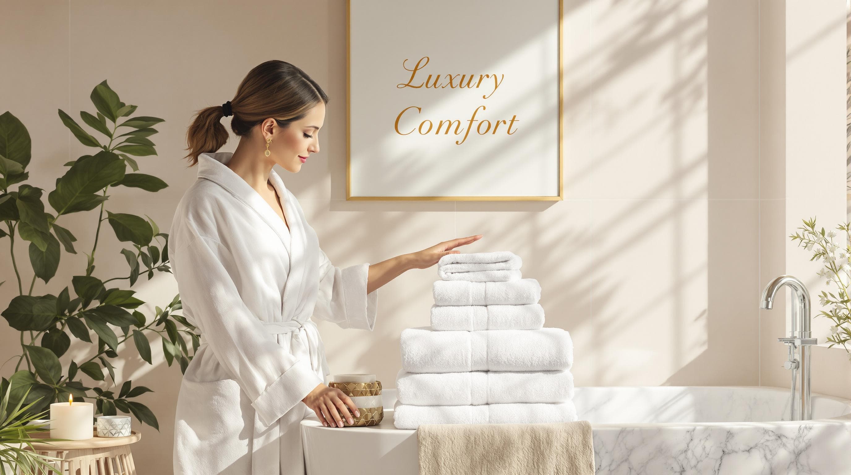 Elegant bathroom scene with plush luxury towels and 'Luxury Comfort' on wall panel