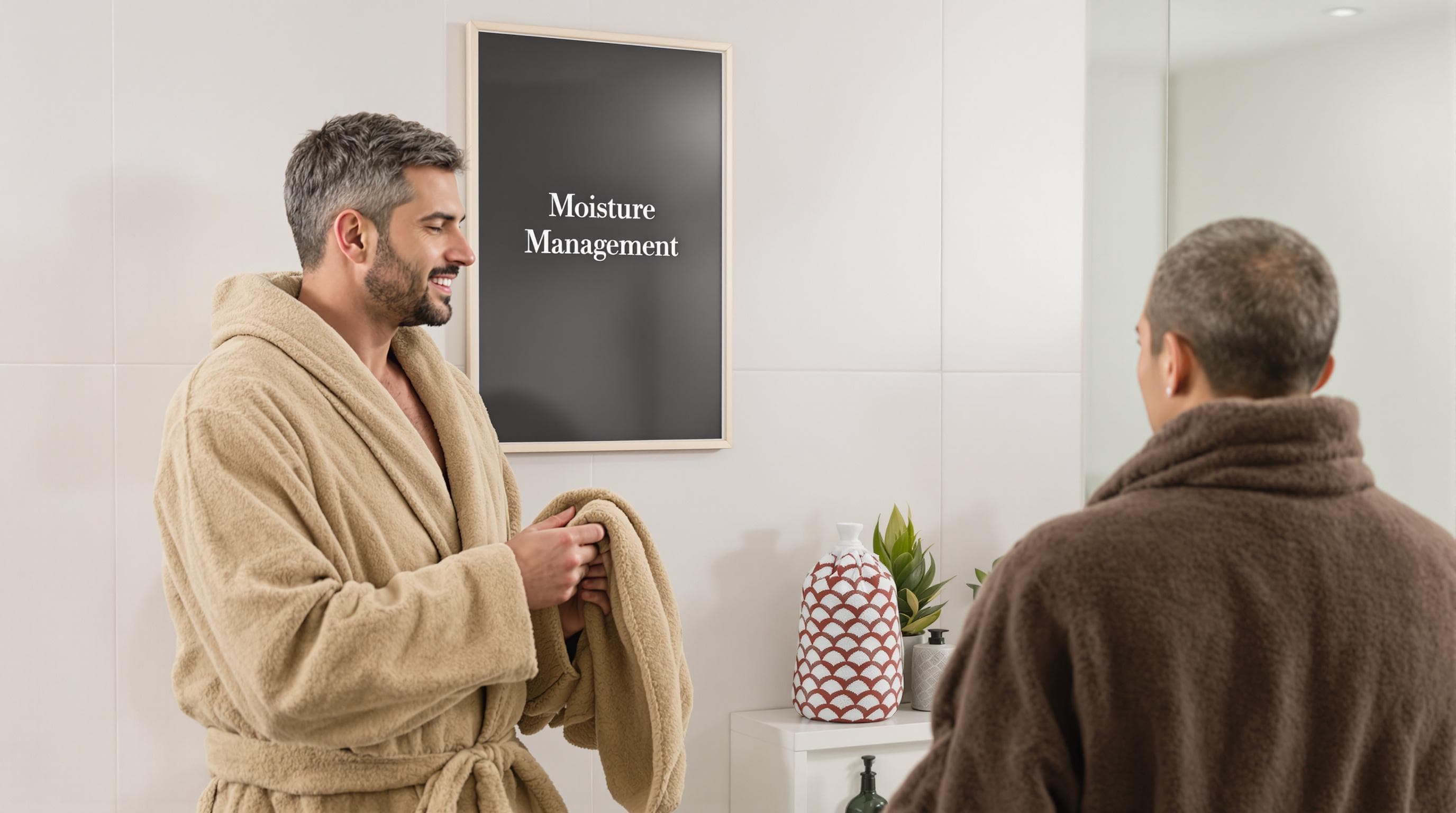 Two people in cotton and microfiber robes in bathroom with Moisture Management poster