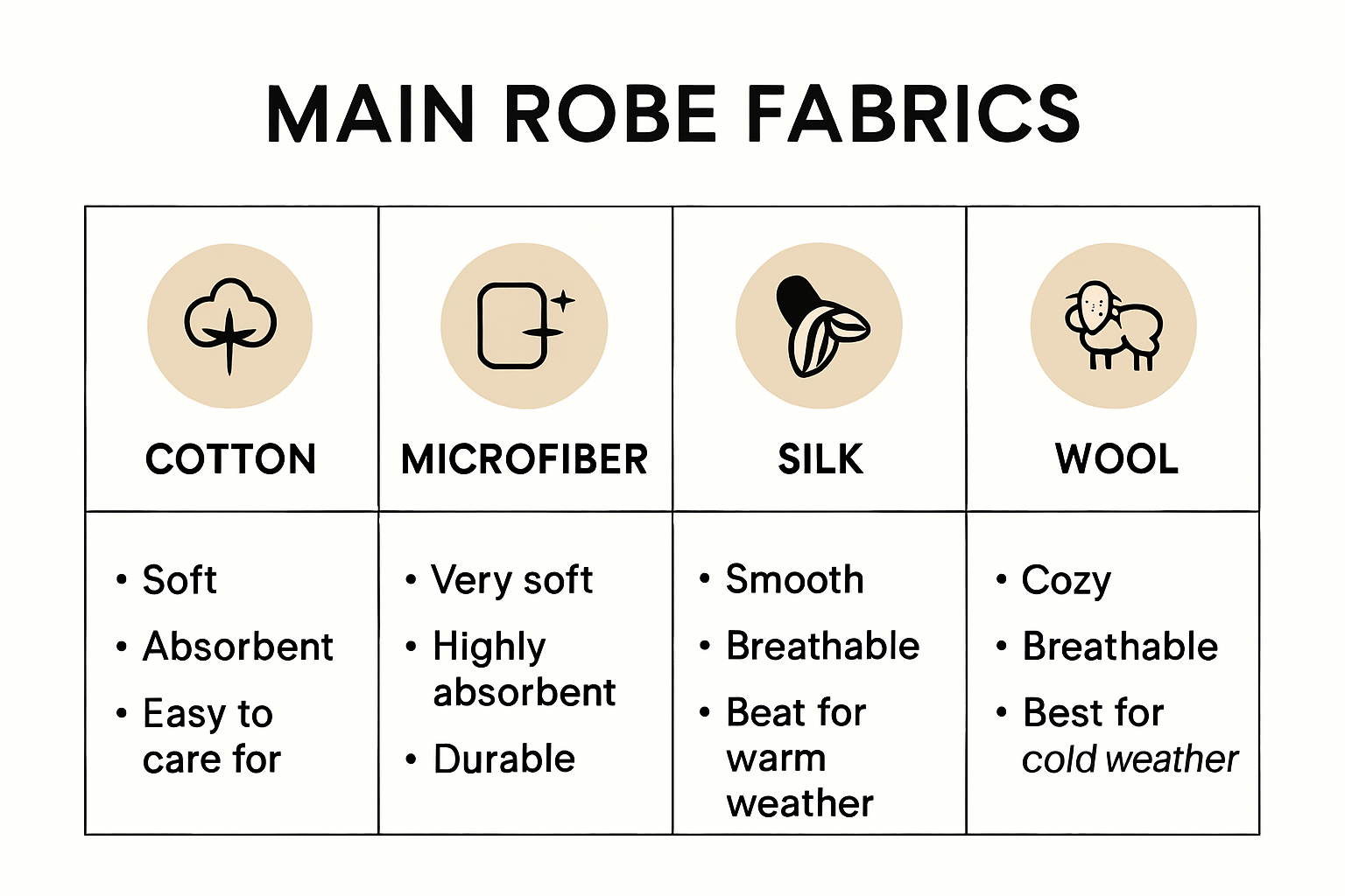 Comparison chart of robe fabric differences and properties