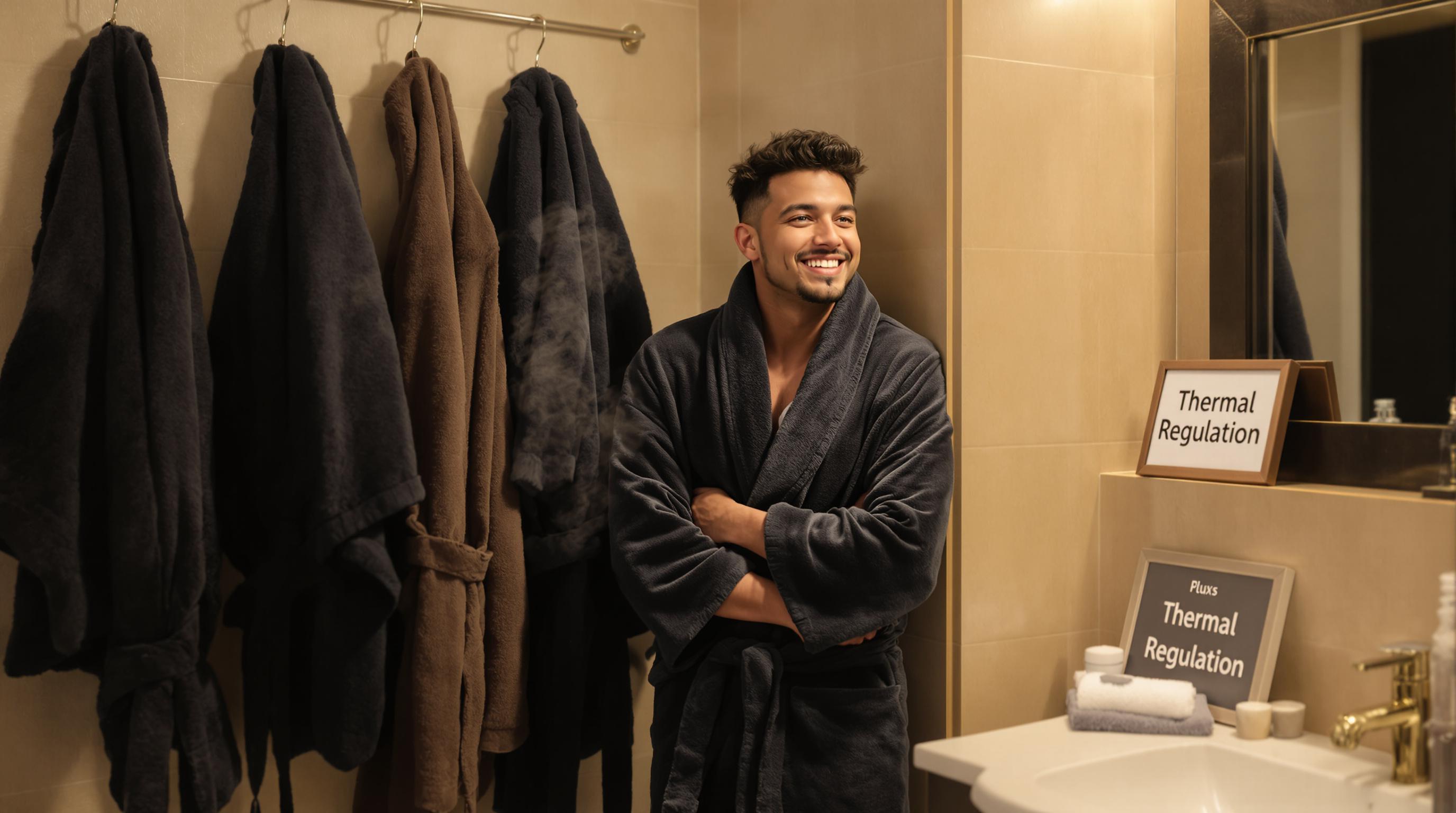 Person in thick robe after shower, visualizing robe thickness for thermal regulation