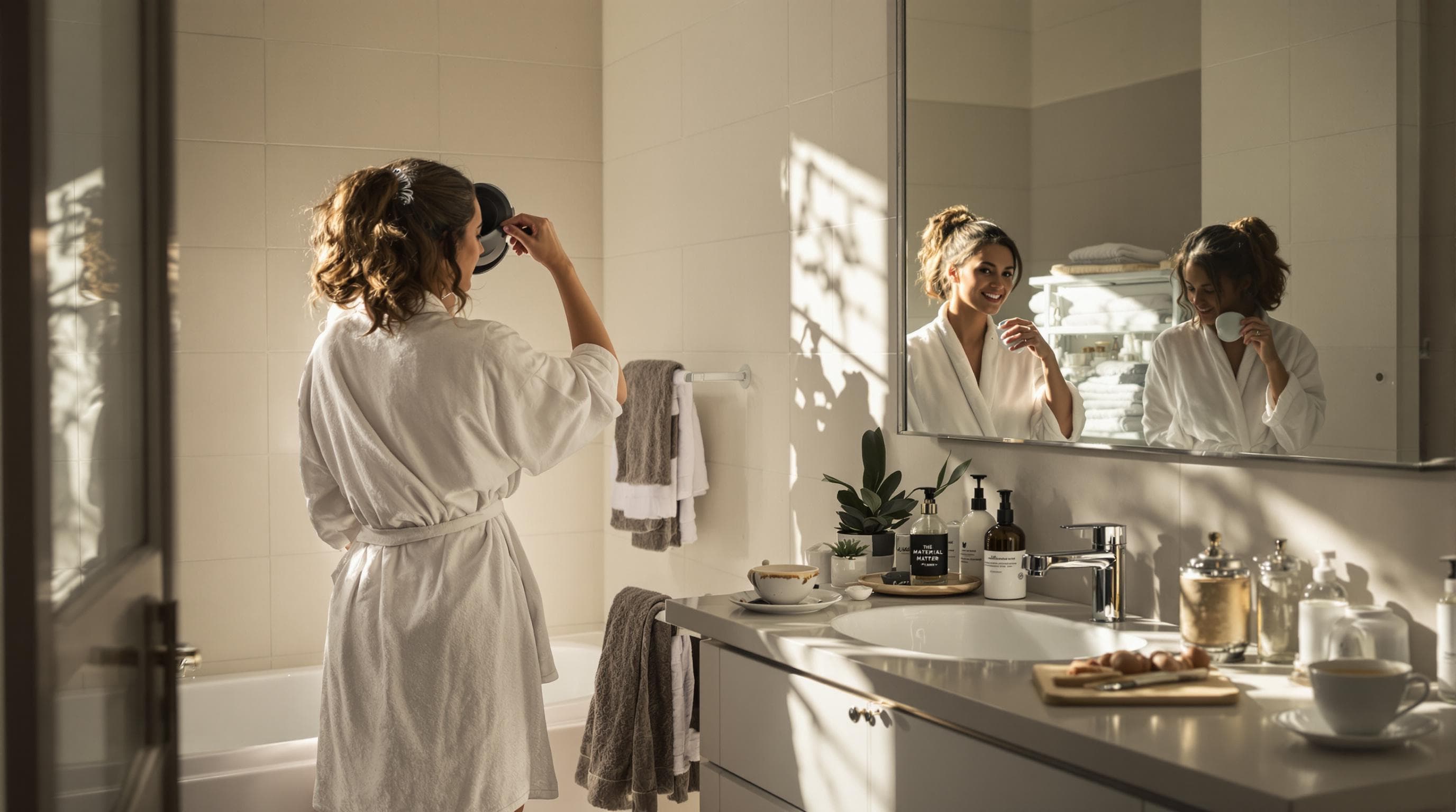 Two people in bathrobe and dressing gown in morning bathroom