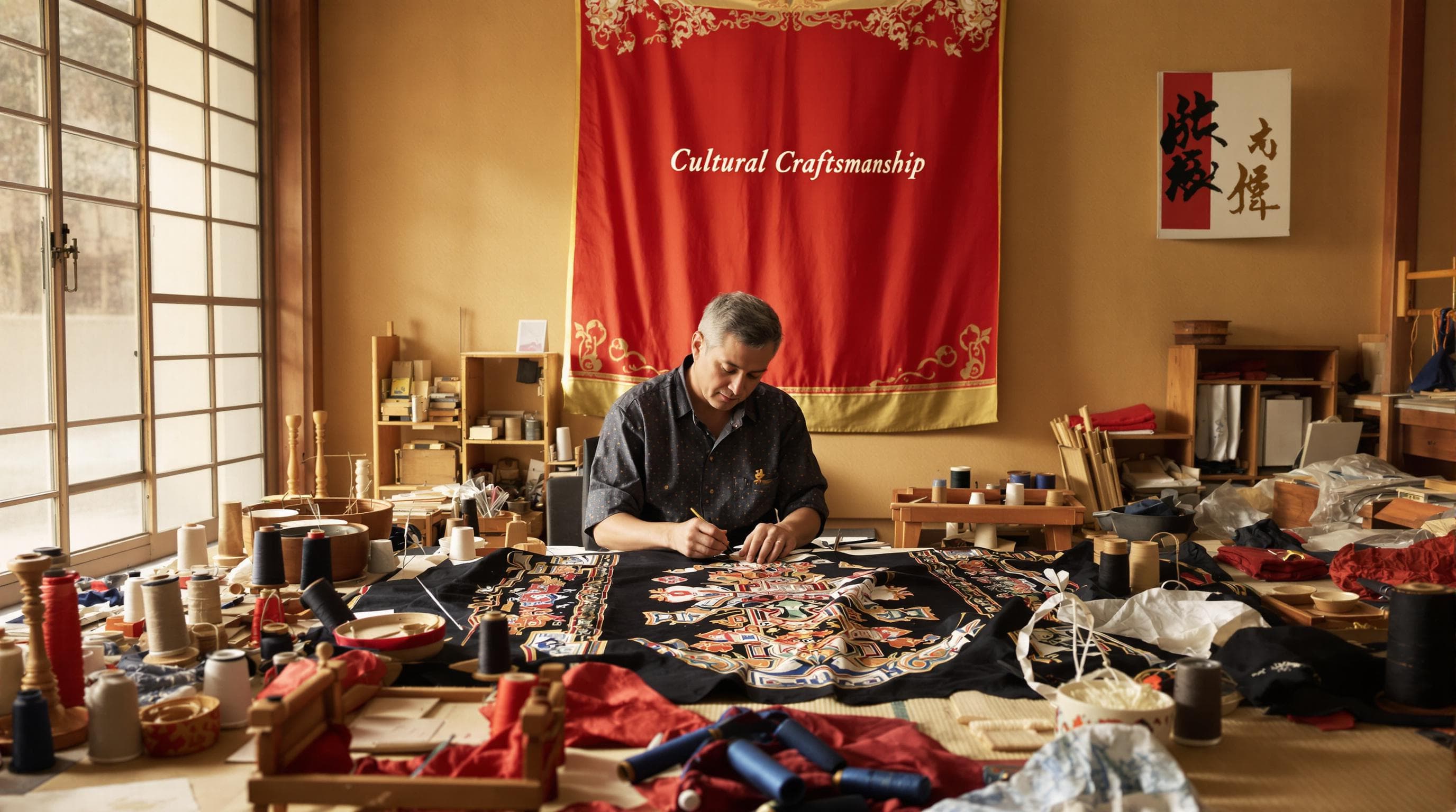 Artisan hand-embroiders a traditional robe in sunlit studio setting
