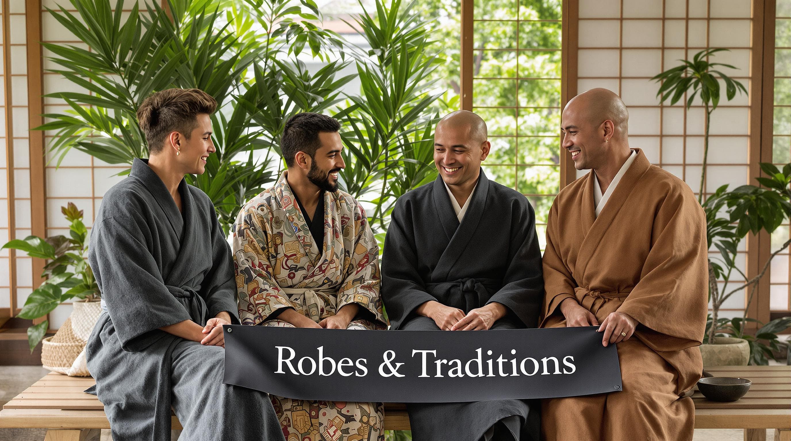 Multicultural group in traditional and modern robes, sharing comfort and stories