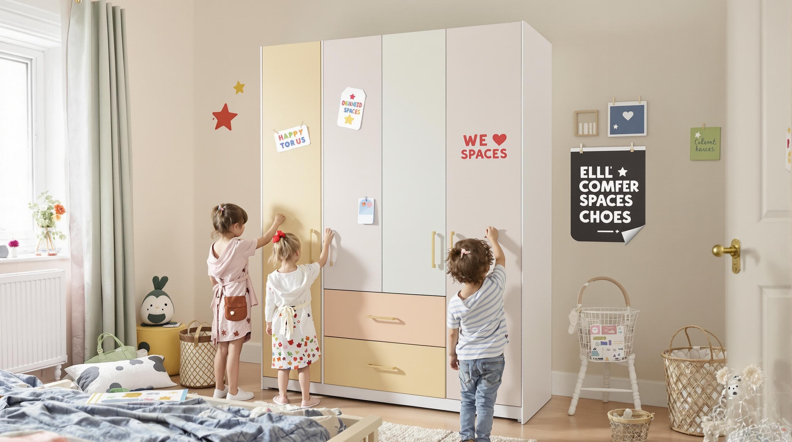 Children using child-height robe storage with 'Organized Spaces' sticker