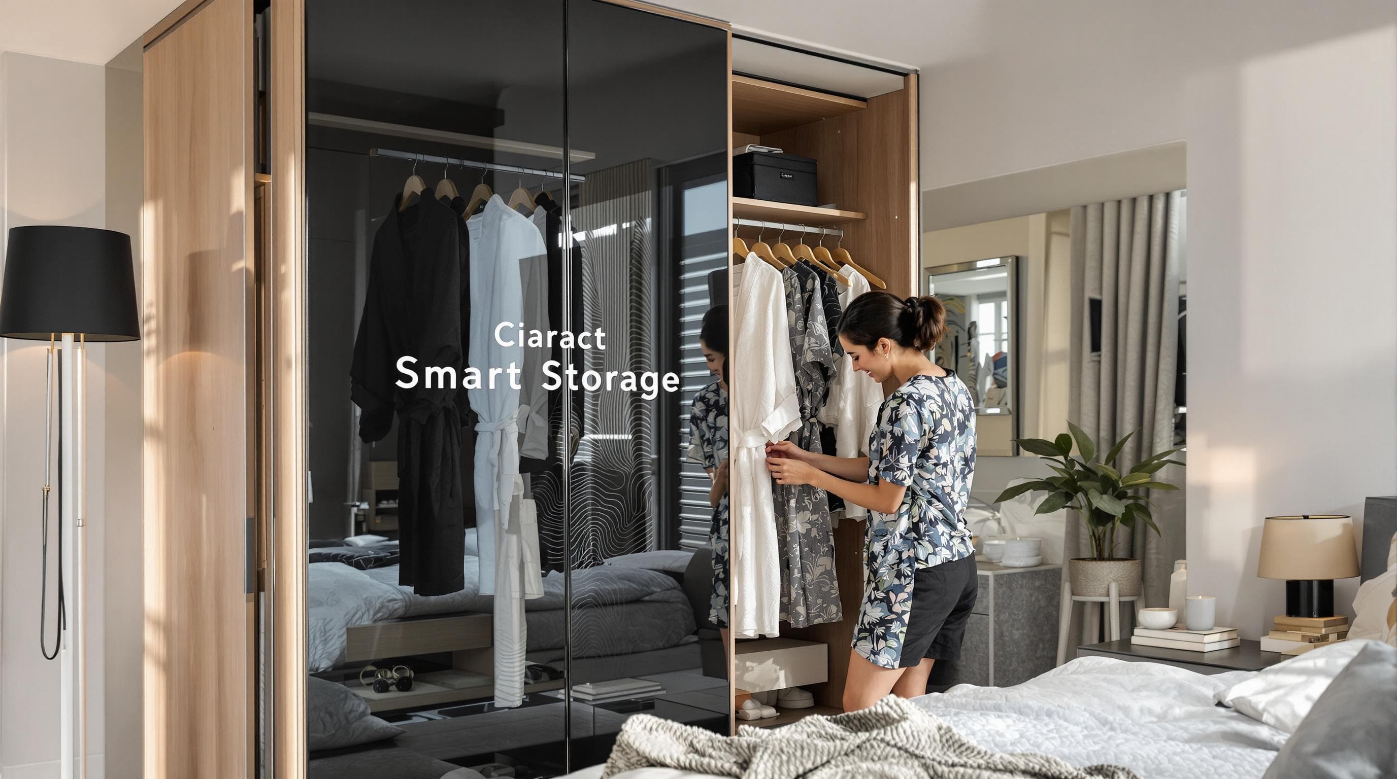 Young couple organizing robes in sleek modern wardrobe with 'Smart Storage' text