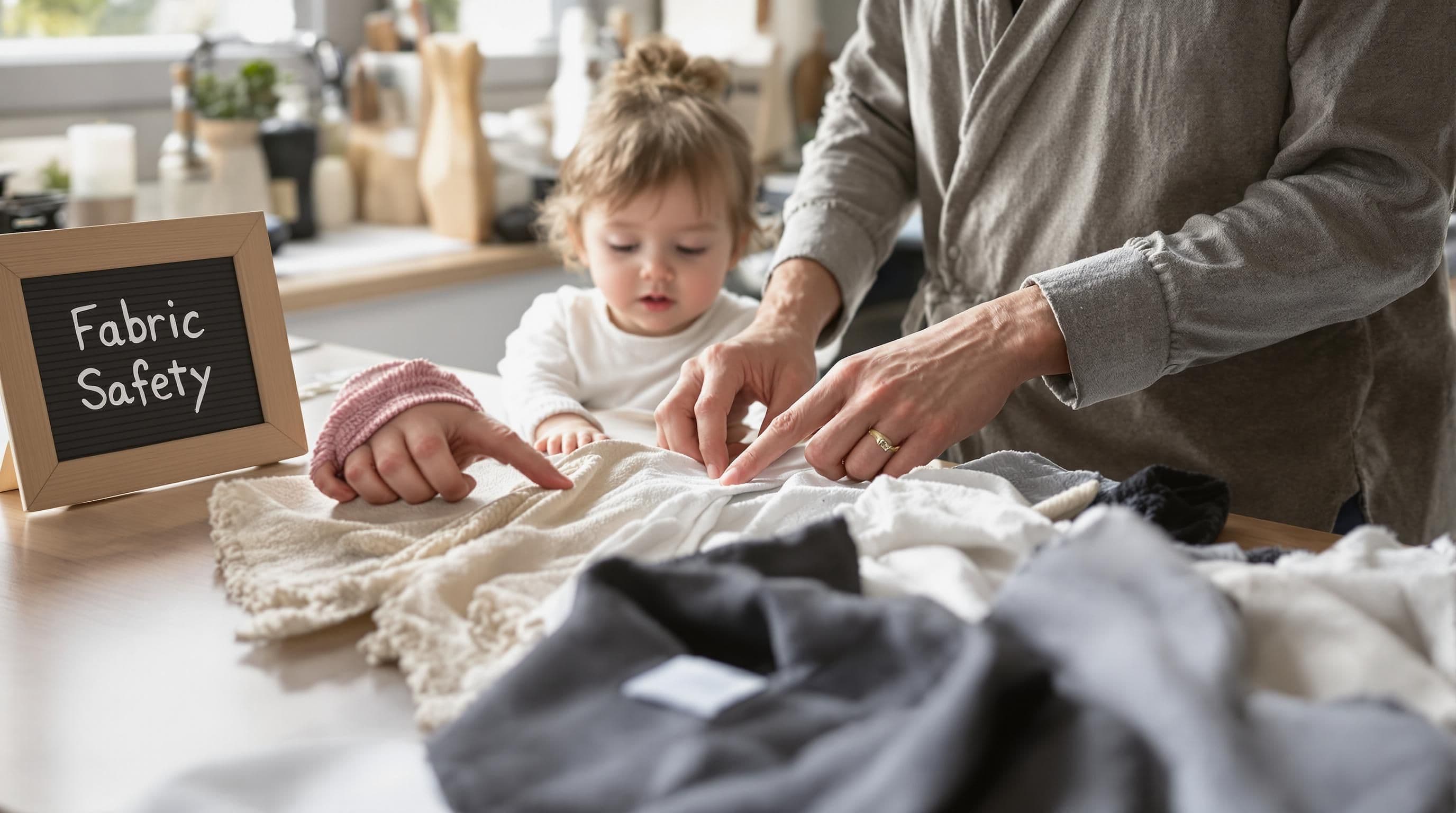 Parent and child reviewing safe fabric samples for kids’ bathrobes