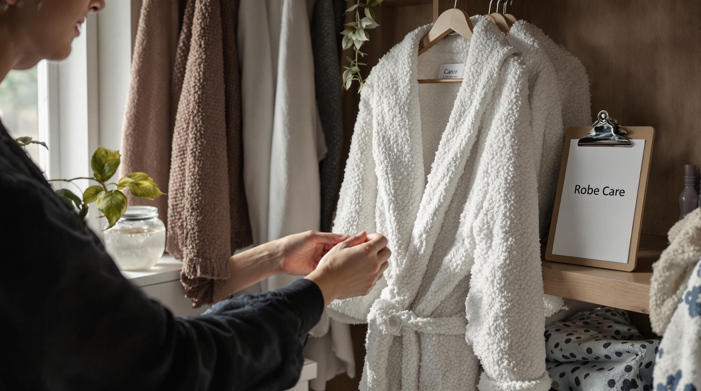 Person checks robe care label beside washing machine in bright laundry room