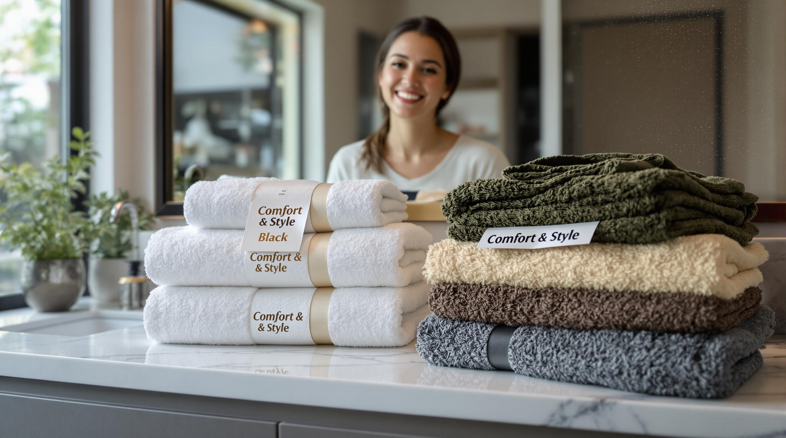 Person compares luxury and budget towels for comfort in a bathroom