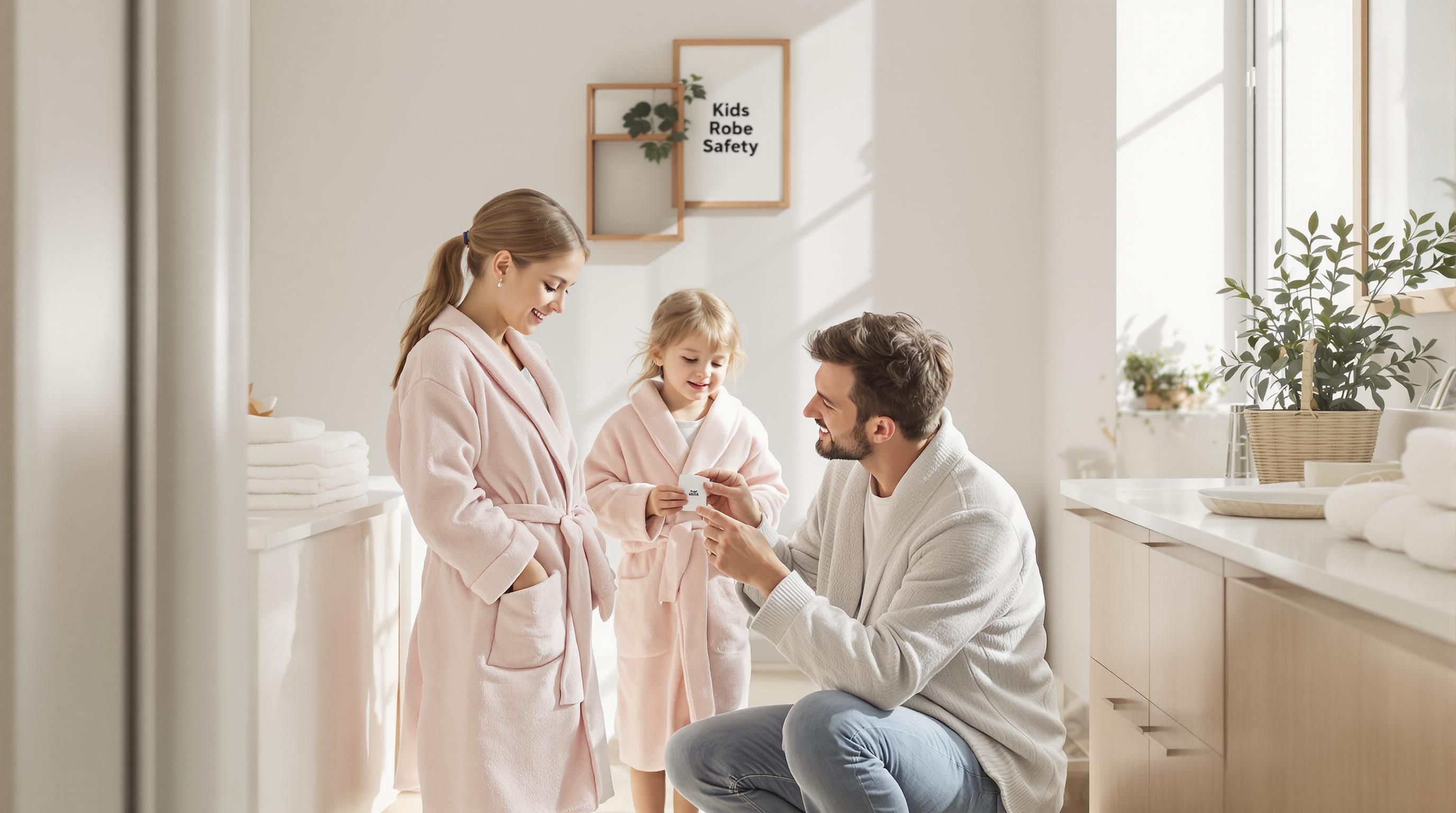 Parent and children checking label of kids robe for safety