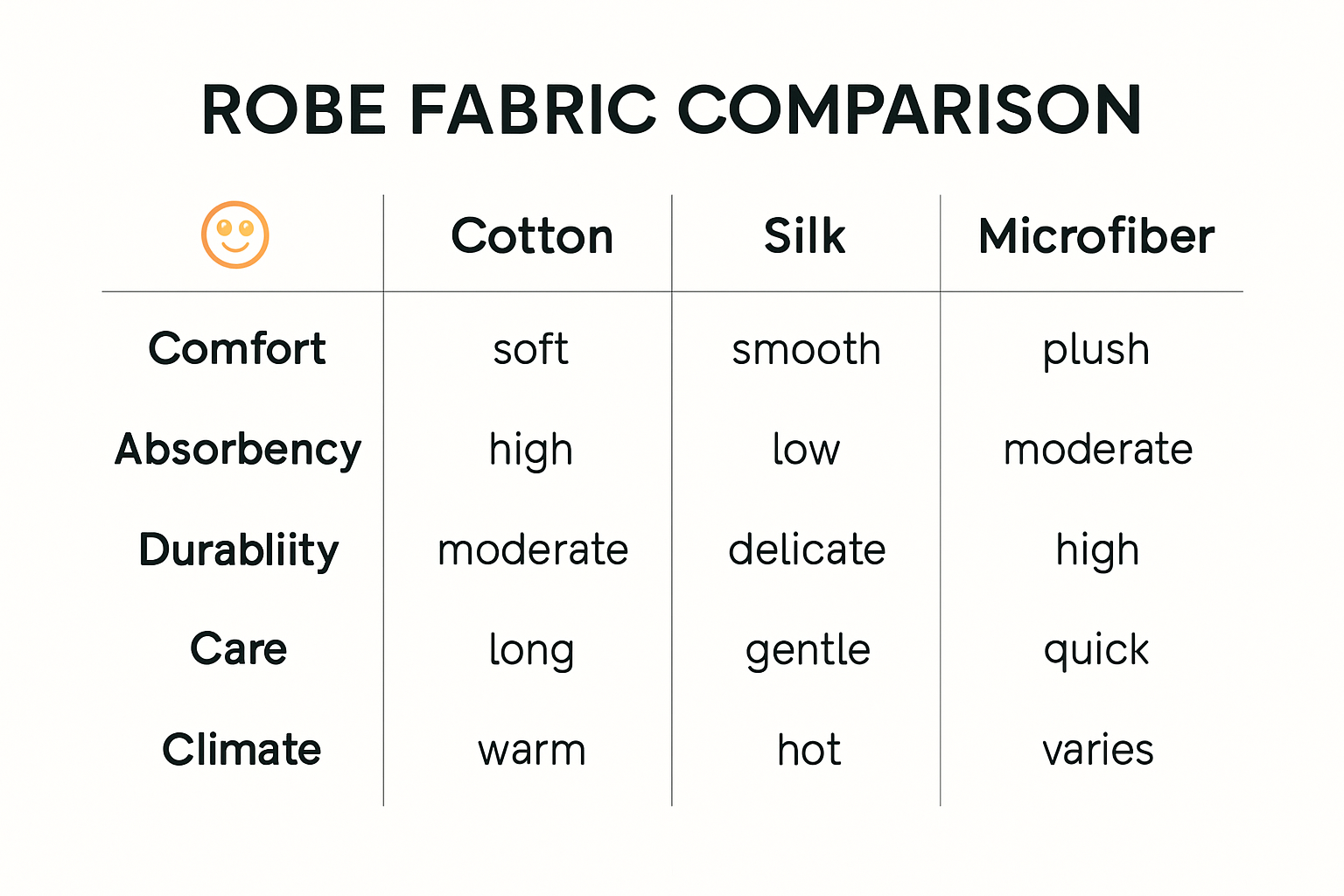 Robe fabric comparison chart: comfort, care, climates